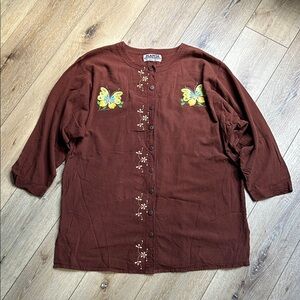 Vintage Manta Cotton Embroidered Tunic Top XL Floral Butterfly Brown Boho Artsy